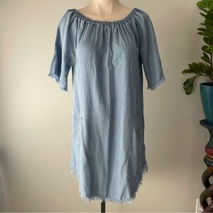 ANTHRO Standard Grace Striped Blue White High Low Fringe Dress Loose Relaxed